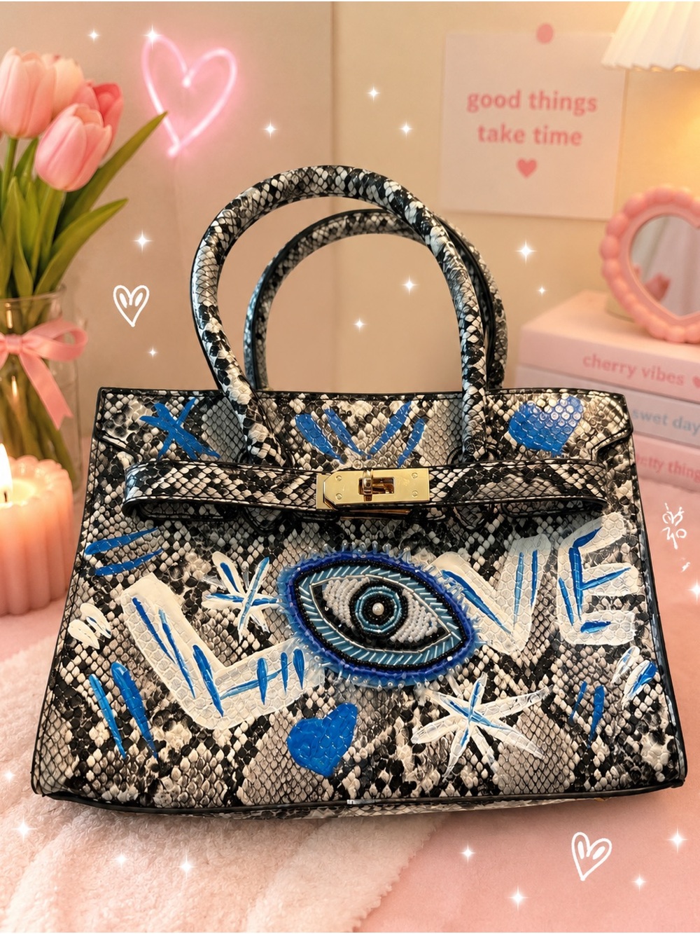 Women’s Snake-Print Top Handle Bag in Black, White & Blue